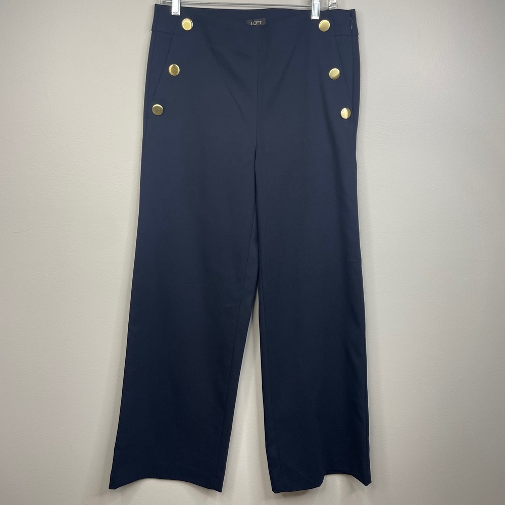Loft NWT High Waist Trouser Pants Navy Blue Gold Button Sailor Wide Leg 6 - Picture 2 of 12
